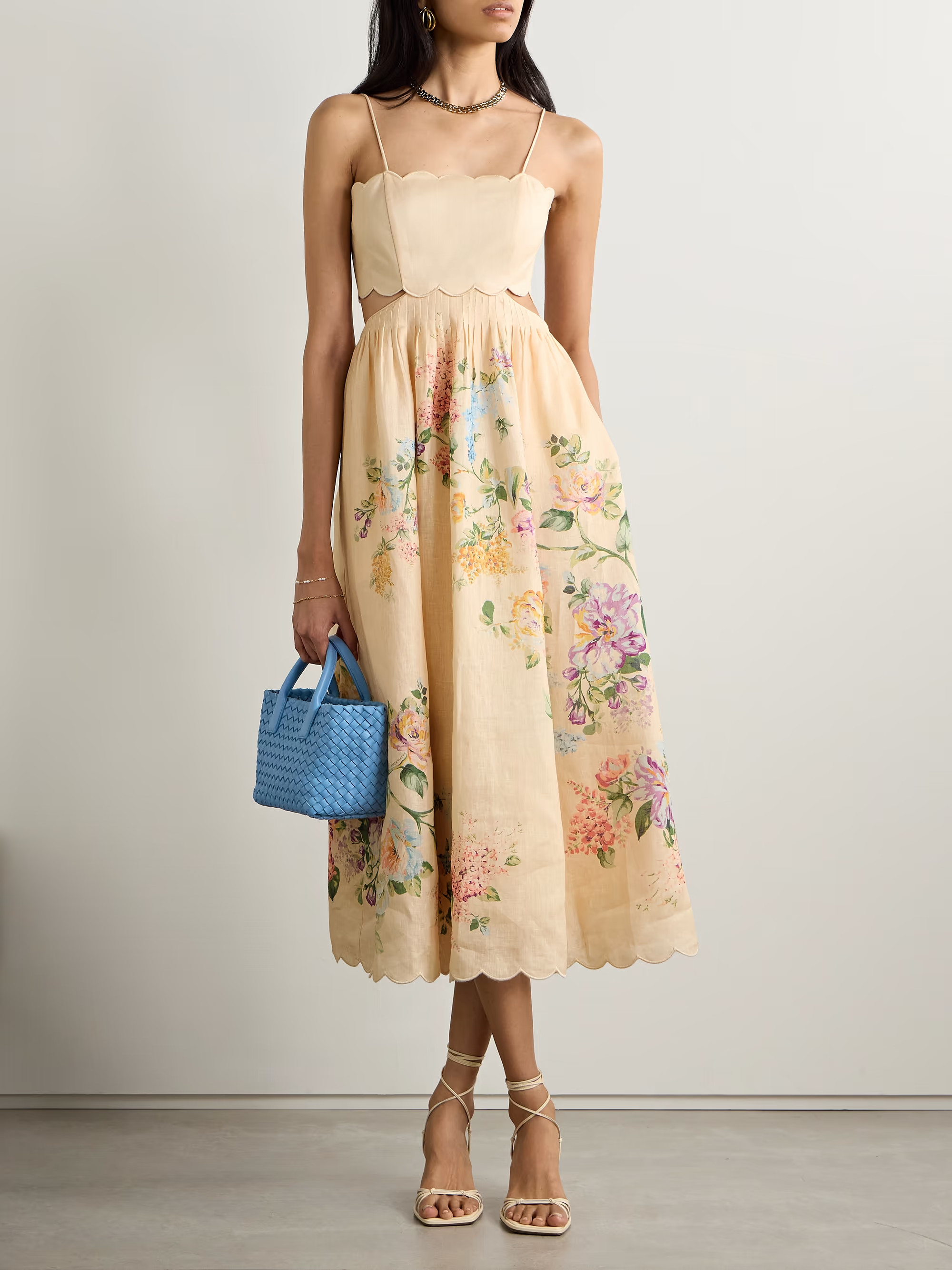Halliday cutout scalloped pintucked floral-print linen midi dress | NET-A-PORTER (US)