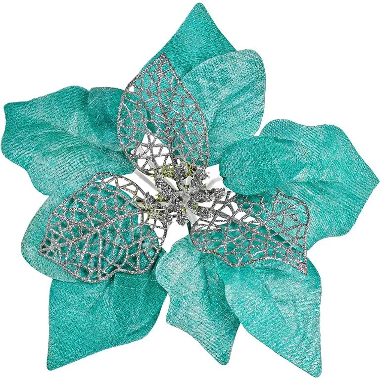 20 Sets of 8.7" Wide 3-Layer Teal Glitter Poinsettia Flowers Picks for Christmas Tree Ornaments -... | Walmart (US)