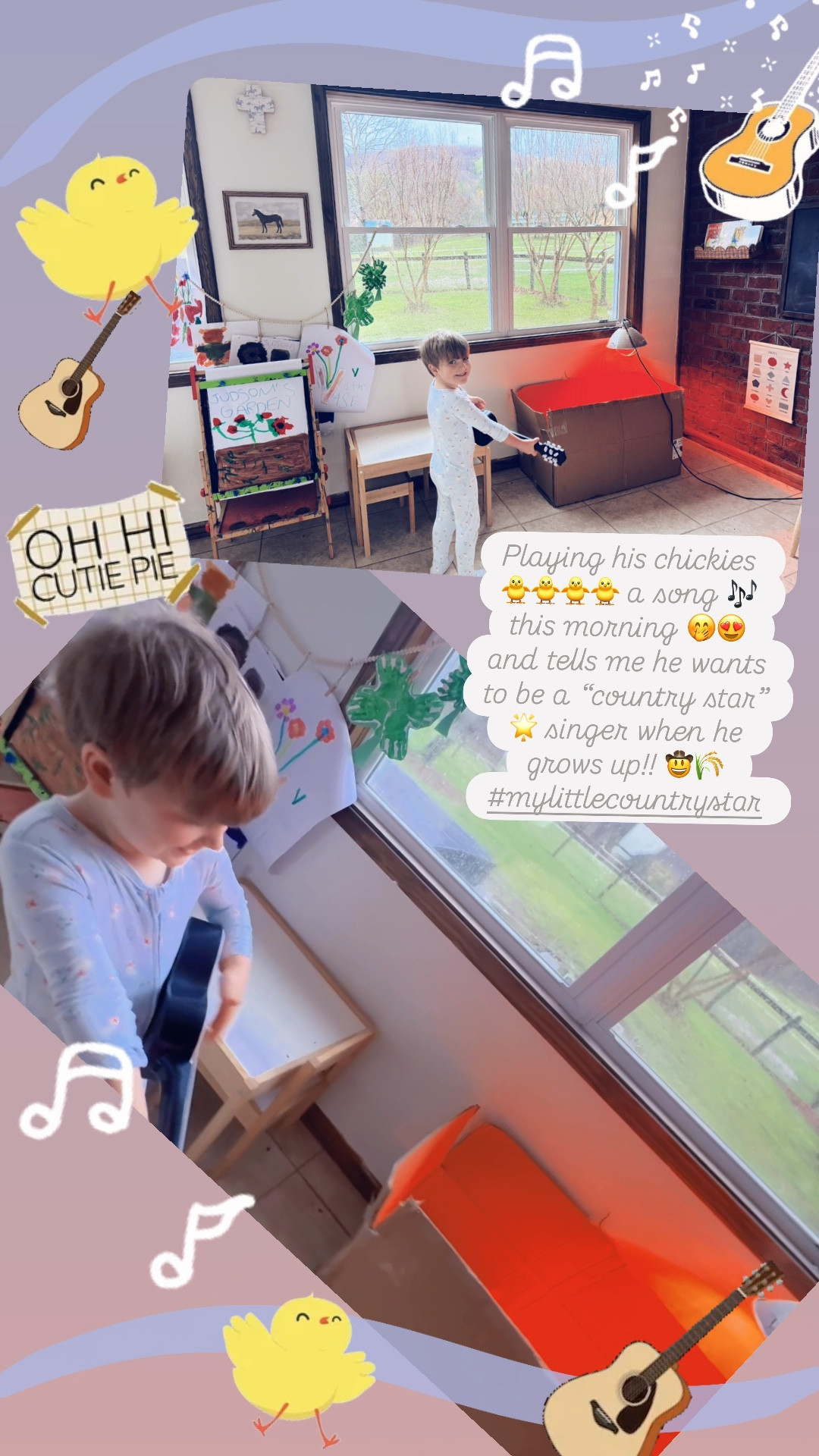 Playing his chickies 🐥🐥🐥🐥 a song 🎶 this morning 🤭😍 and tells me he wants to be a “country star” 🌟 singer when he grows up!! 🤠🌾 #mylittlecountrystar 
