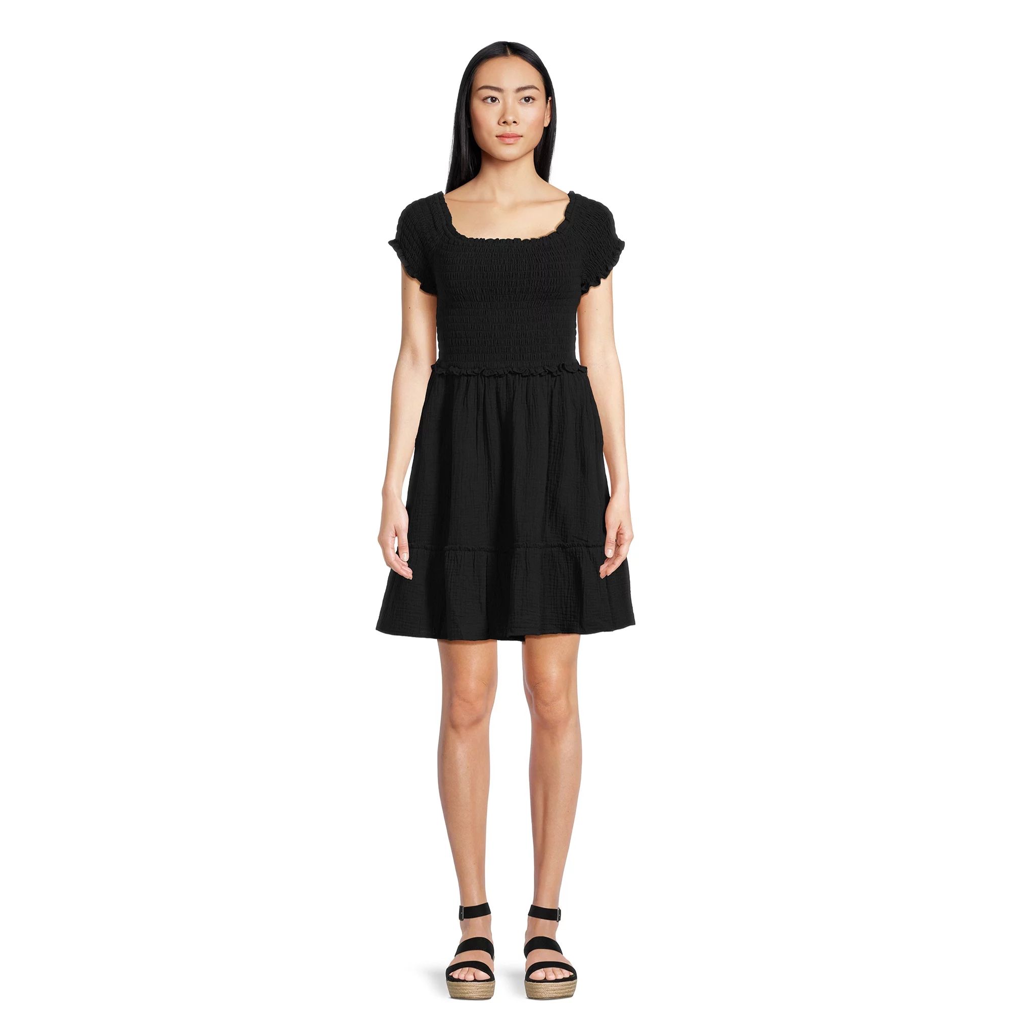 Time and Tru Women's Short Sleeve Smocked Mini Double Cloth Dress | Walmart (US)