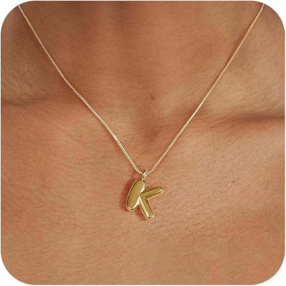 Bubble Letter Necklace for Women, 14k Gold Plated Balloon Letter Necklace Small Bubble Initial Ne... | Amazon (US)