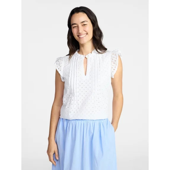Time and Tru Women's Cotton Eyelet Top with Short Flutter Sleeves, Sizes XS-XXXL | Walmart (US)