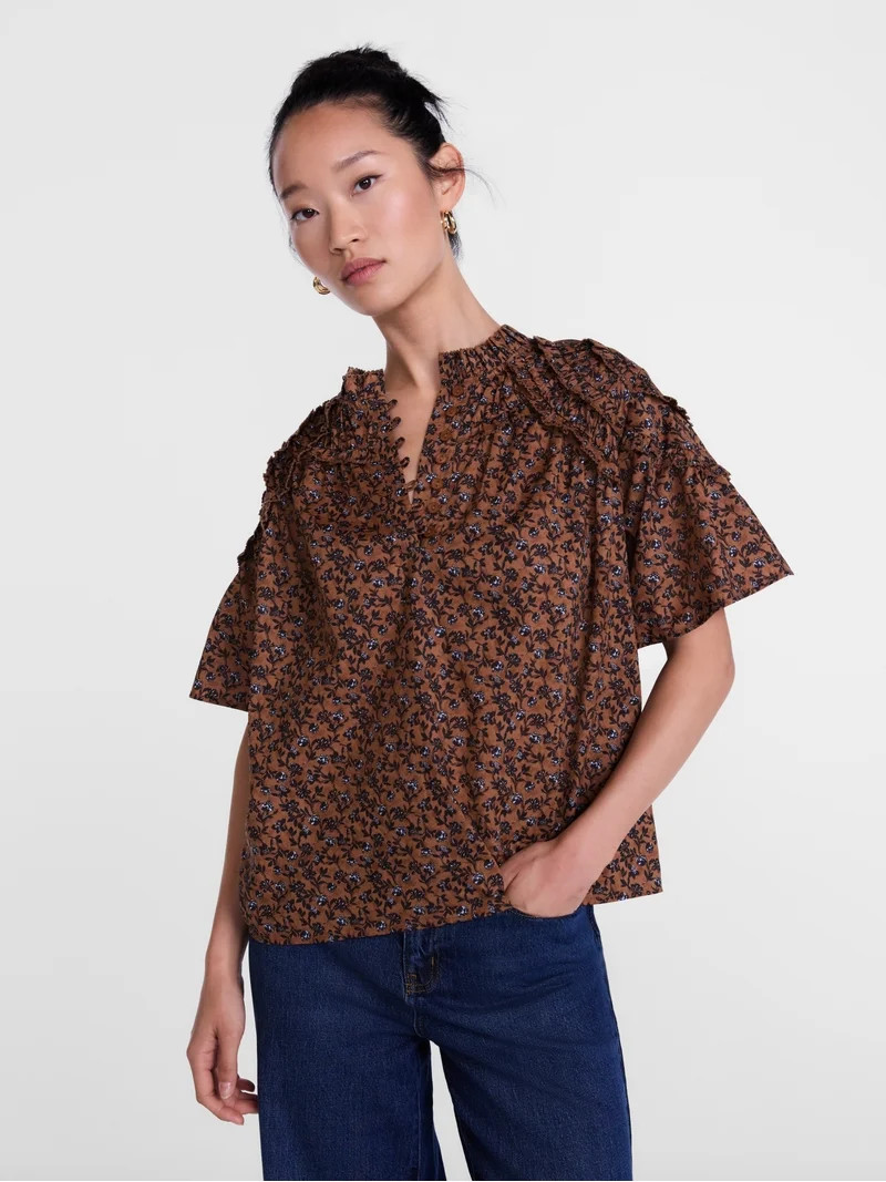 Scenario Women's Gathered Cotton Voile Top with Short Sleeves, Size XS-XXXL | Walmart (US)