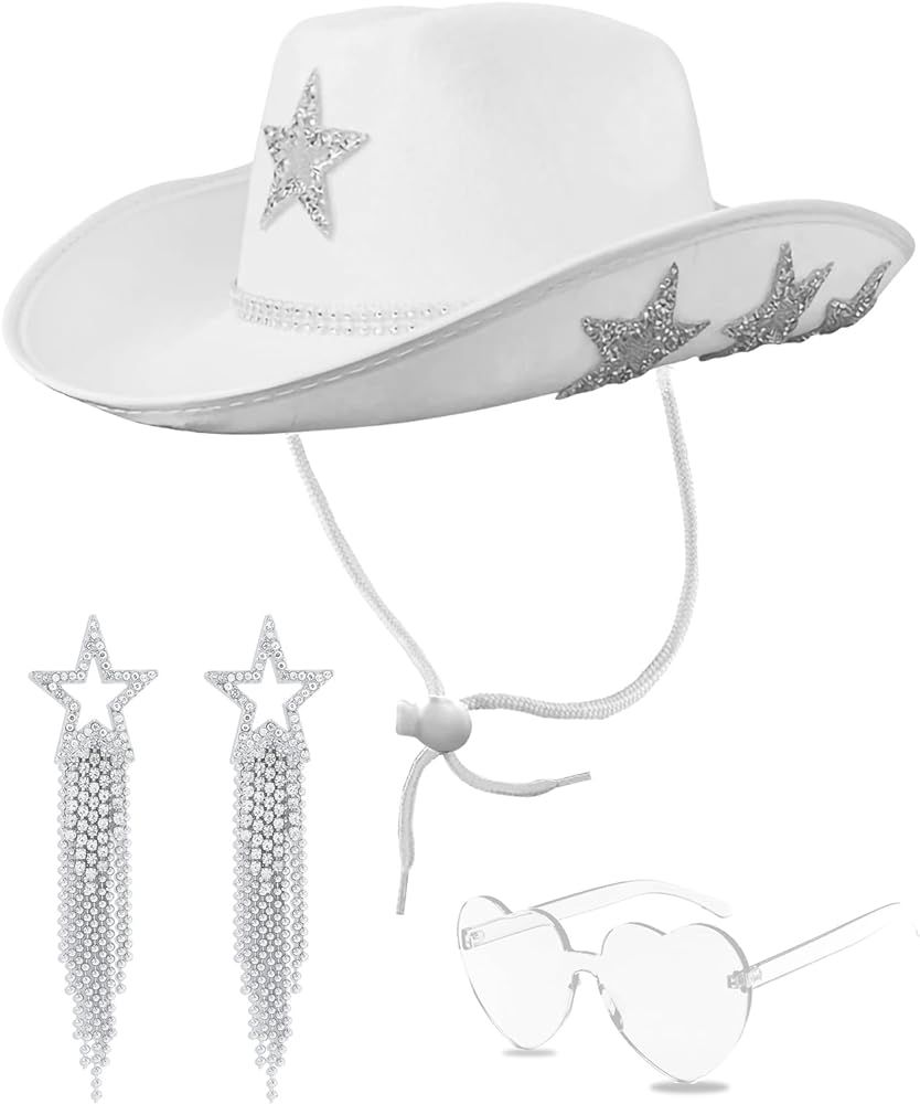 White Cowgirl Hat with Heart Sunglasses - Cowboy Hat with Glitter Star Fits Women for Bachelorett... | Amazon (US)