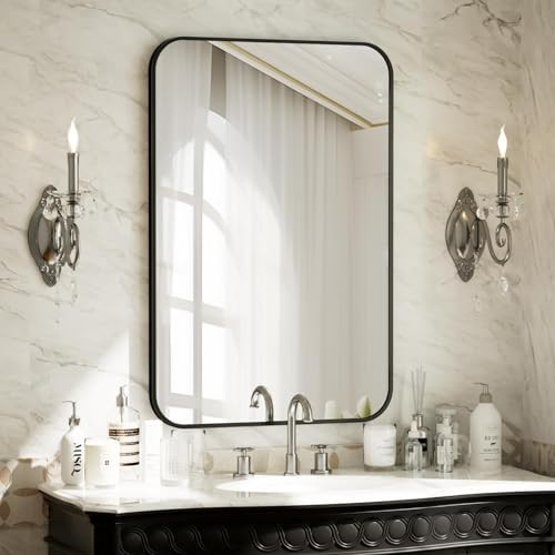 BEAUTYPEAK 24" x 36" Rectangular Aluminum Alloy Frame Wall Mounted Bathroom Mirror with Rounded Corners, Black | Amazon (US)