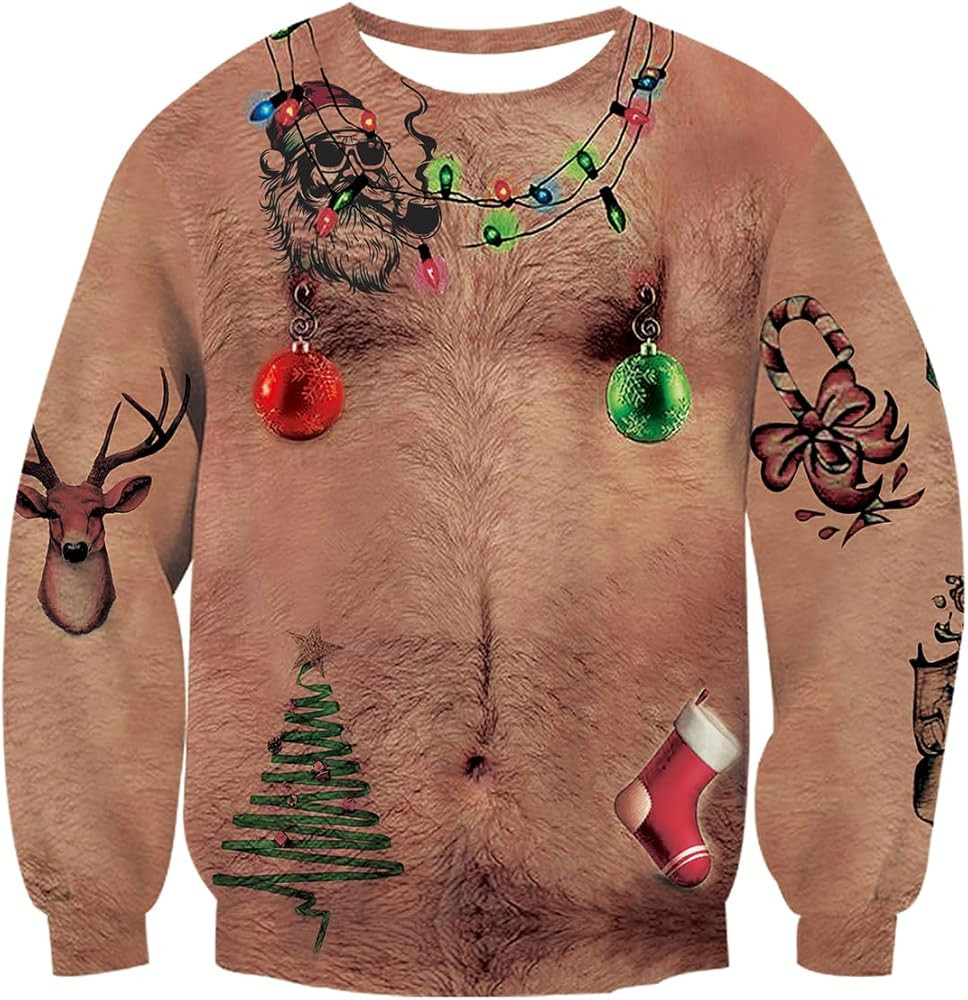uideazone Mens Ugly Christmas Sweatshirts Funny 3D Graphic Long Sleeve Pullover Shirts | Amazon (US)