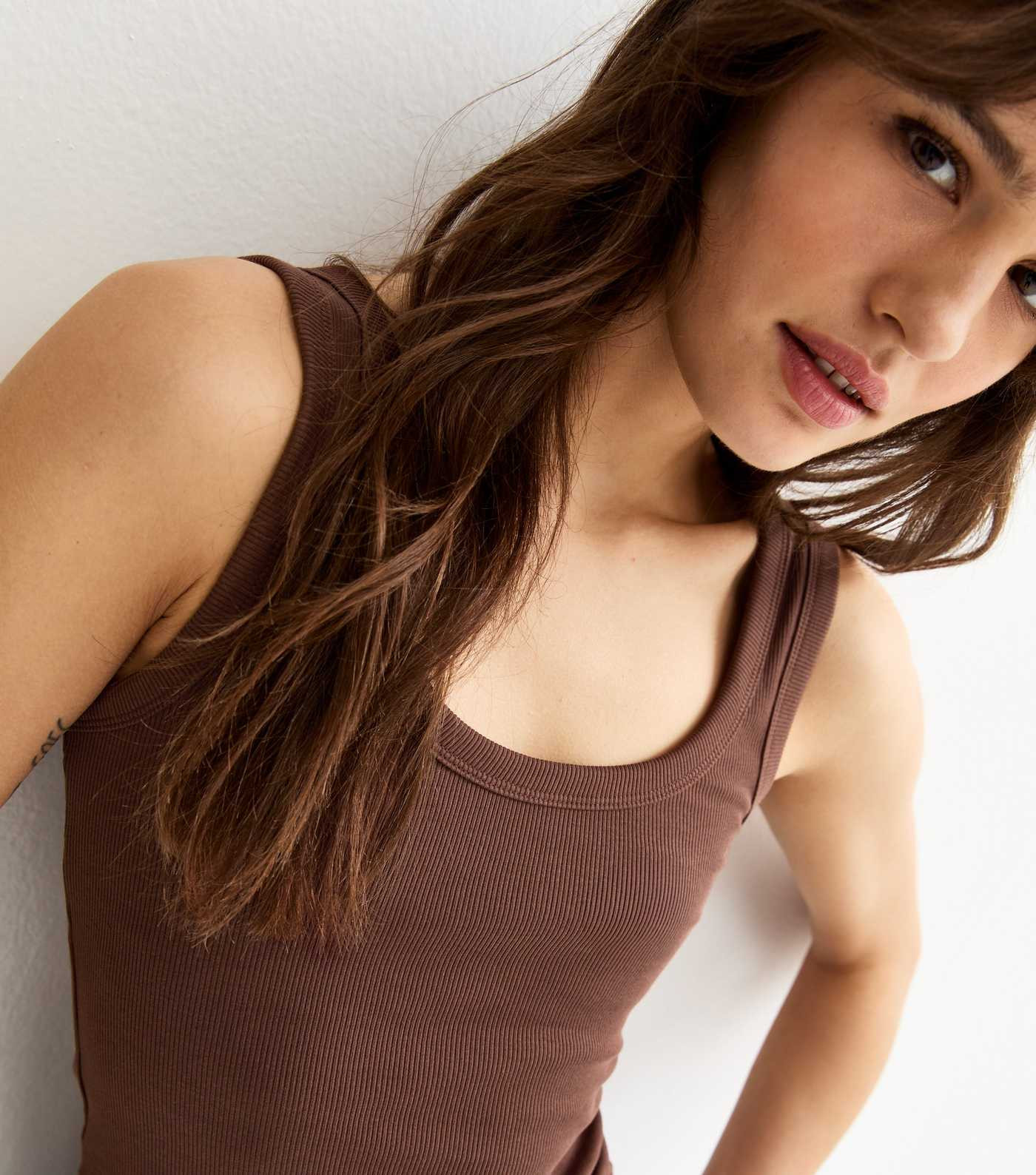 Tall Dark Brown Ribbed Scoop Neck Vest | New Look | New Look (UK)