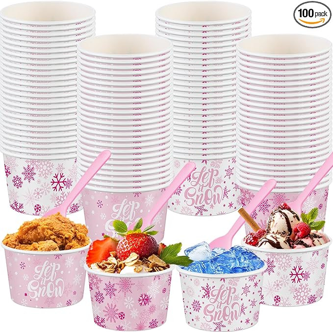 100 Pcs 9 oz Pink Snowflake Bowls with Spoons Ice Cream Cups Christmas Treat Snack Dessert Cups P... | Amazon (US)
