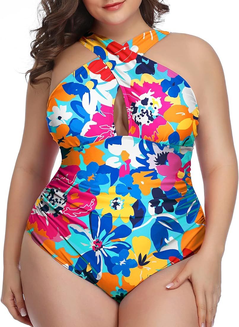 Daci Womens Front Cross Plus Size One Piece Swimsuits Tummy Control Keyhole Bathing Suits Swimwea... | Amazon (US)