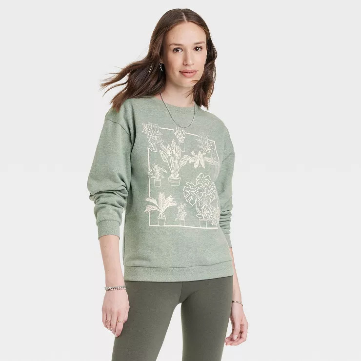 Women's House Plant Graphic Sweatshirt - Heather Olive Green | Target