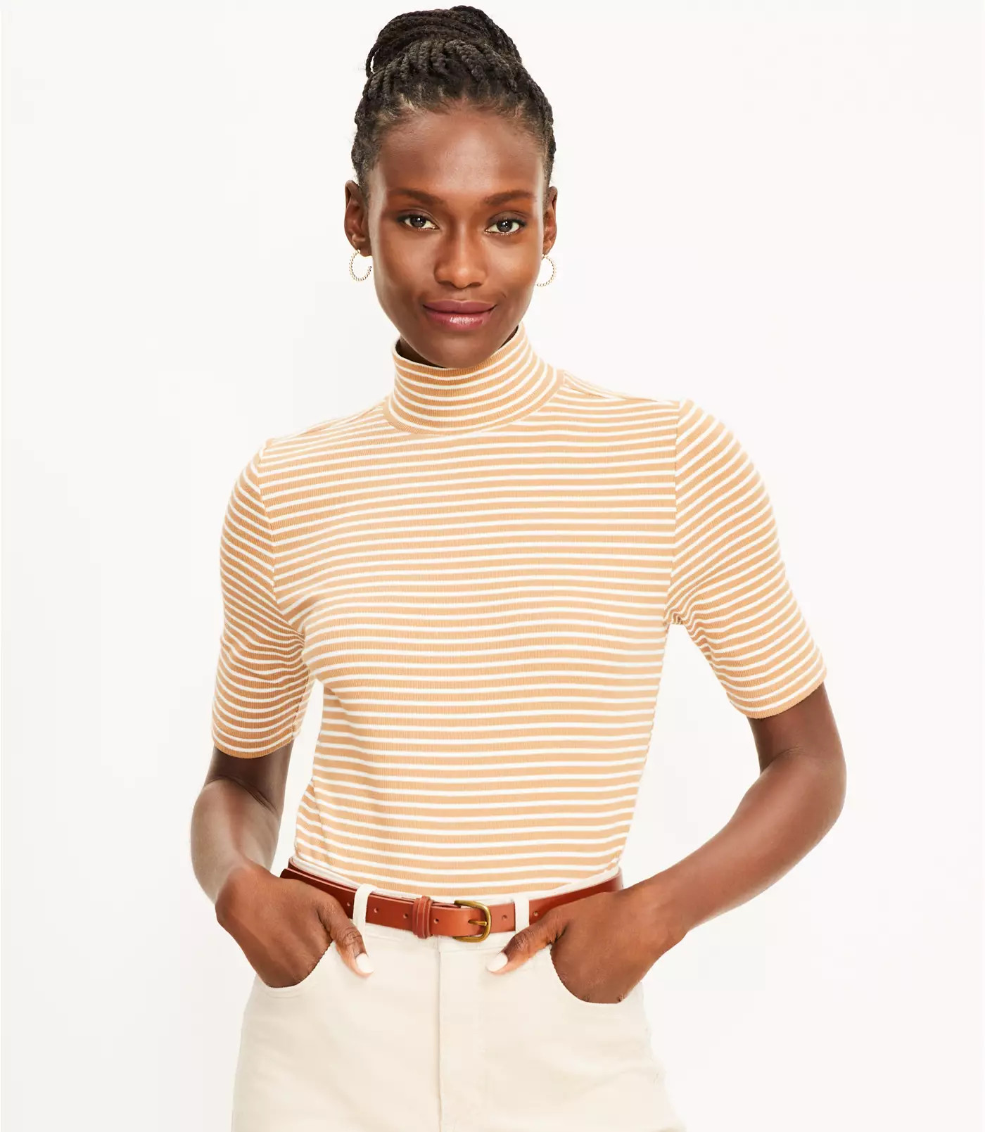 Striped Ribbed Mock Neck Top | LOFT