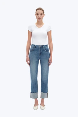 High Rise Cuffed Straight Leg Jeans SURF BLUE / 31 / 28 | BAYEAS