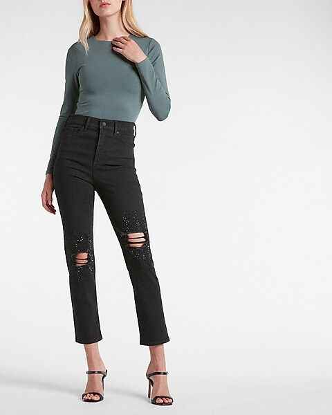 Super High Waisted Black Embellished Ripped Slim Jeans | Express