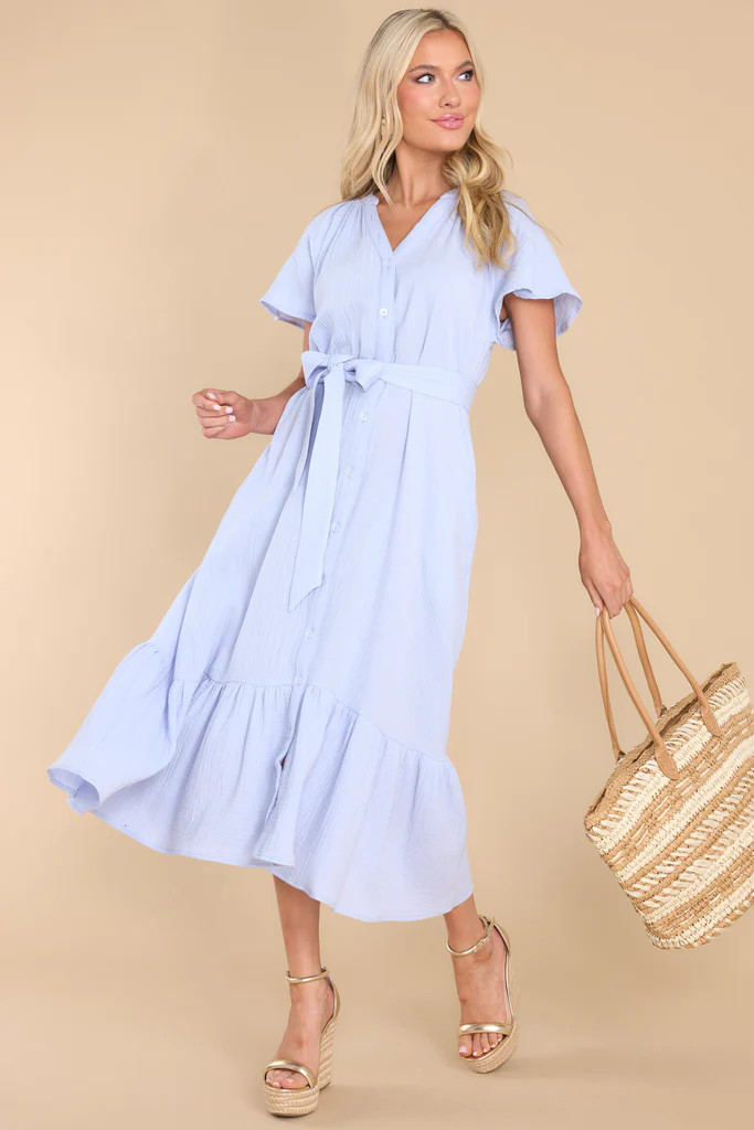 Buttoned Up Beauty Dusty Blue Gauze Midi Dress | Red Dress 