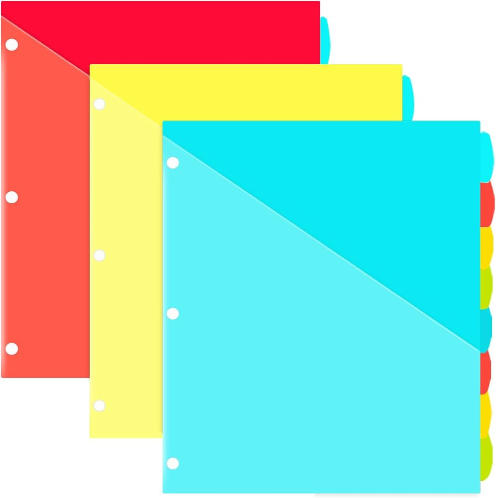 8-Tab Plastic Binder Dividers with Front pockets - 3 Sets, Multicolor pocket dividers for 3-Ring ... | Amazon (US)