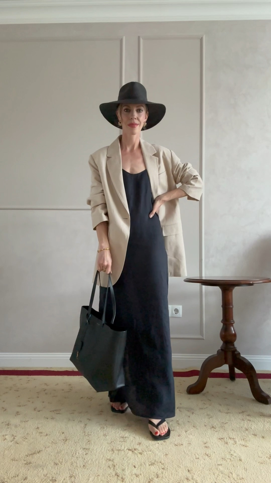 Summer vacation outfit, linen dress, linen blazer, kitten heel thong sandals, black straw hat, YSL tote bag, style over 40

#LTKOver40 #LTKgrwm #LTKSeasonal