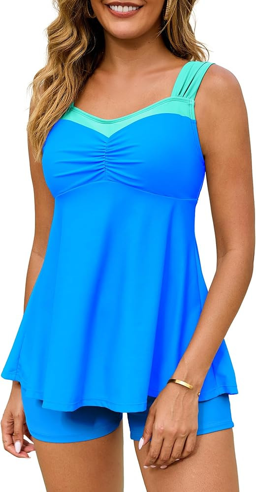 HUSKARY Tankini Swimsuits for Women Tummy Control Two Piece Bathing Suit Flowy Swim Tank Top with... | Amazon (US)