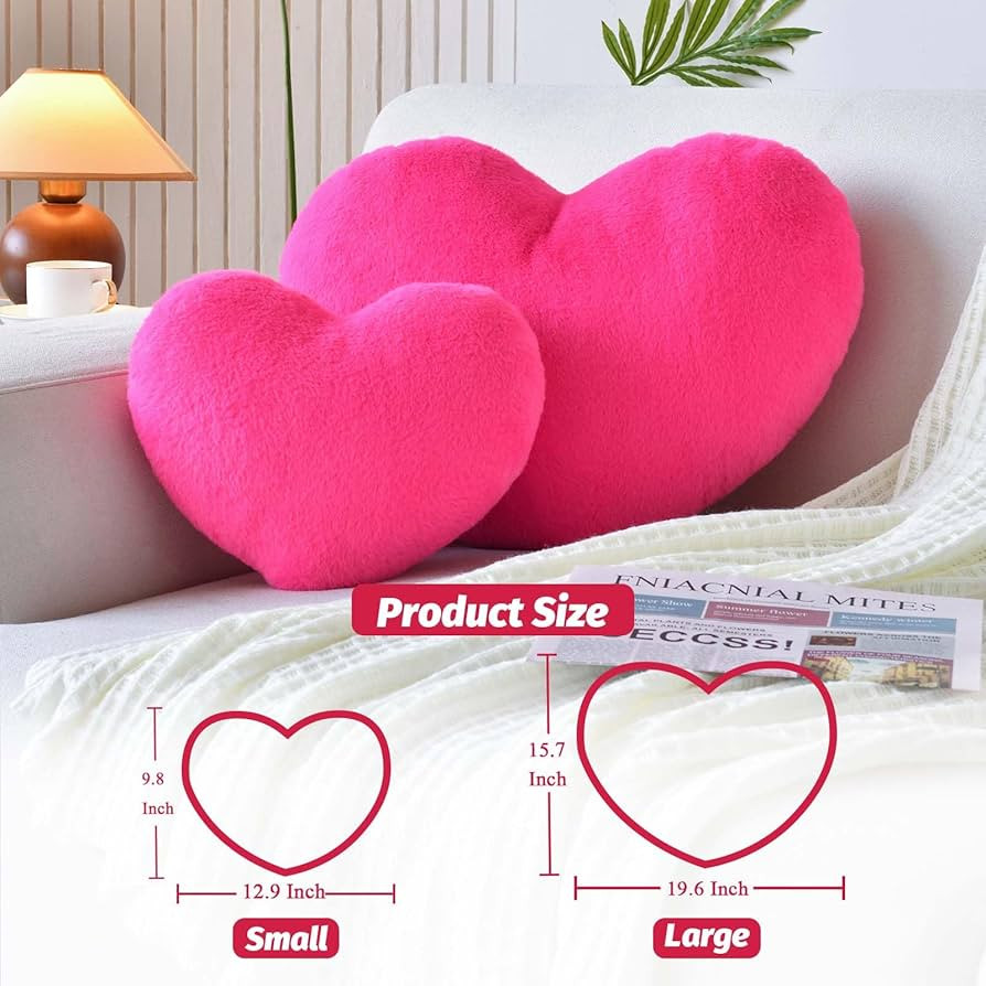 XVTRU Soft Heart Shaped Pillows, Cute Hot Pink Heart Decorative Pillow, 12.9"x9.8" Heart Plush Cu... | Amazon (US)