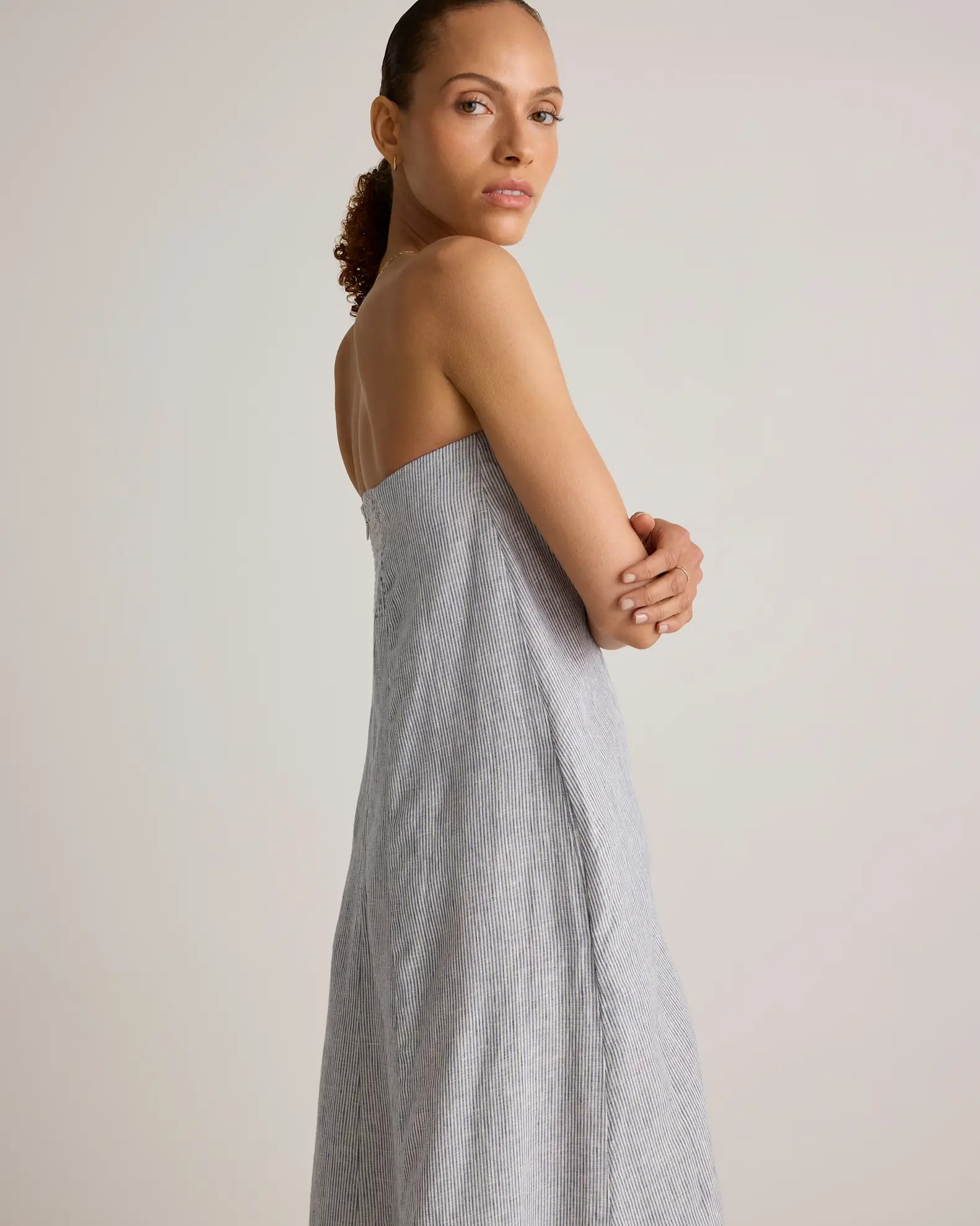 100% European Linen Strapless Maxi Dress in Blue Pinstripe | Quince