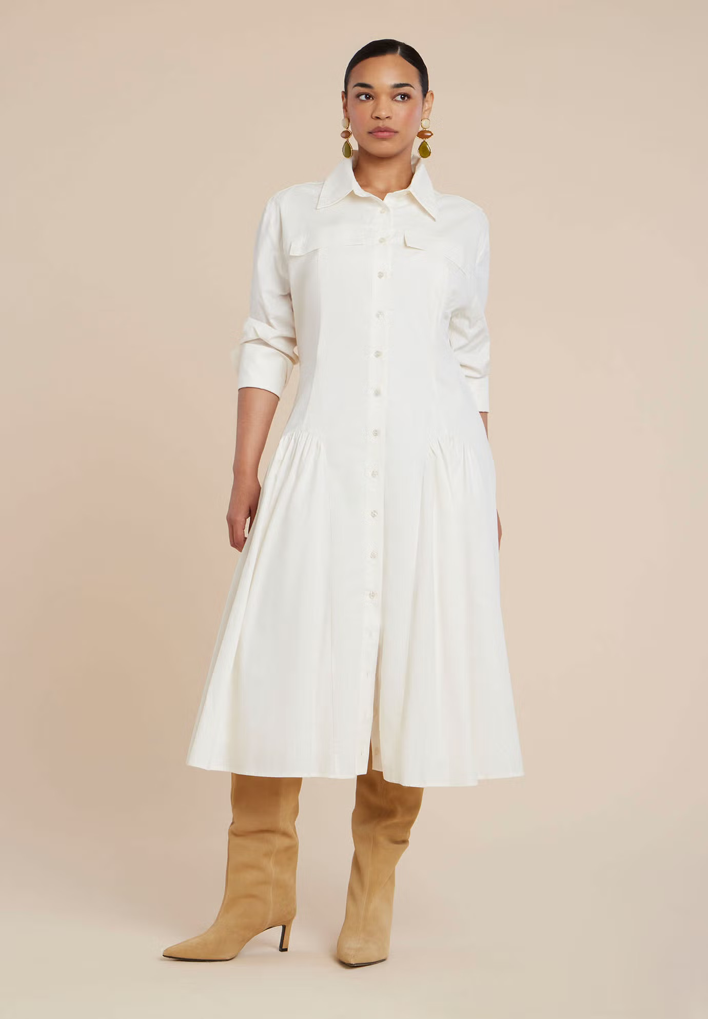 Shirred Godet Flare Poplin Dress | Eloquii