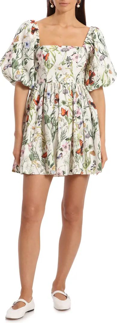 Floral Puff Sleeve Linen Blend Minidress | Nordstrom
