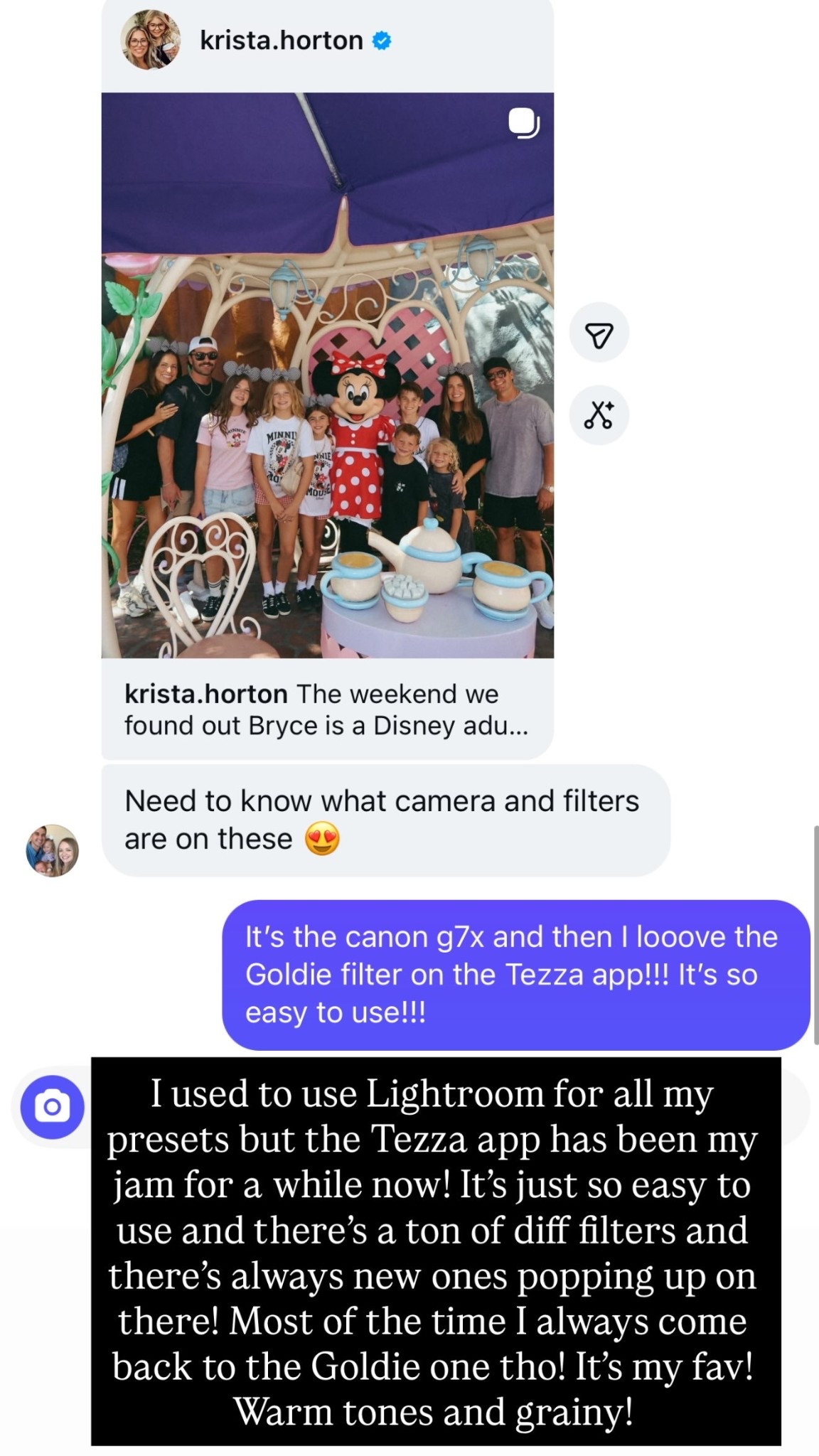 I used to use Lightroom for all my presets but the Tezza app has been my jam for a while now! It’s just so easy to use and there’s a ton of diff filters and there’s always new ones popping up on there! Most of the time I always come back to the Goldie one tho! It’s my fav! Warm tones and grainy!