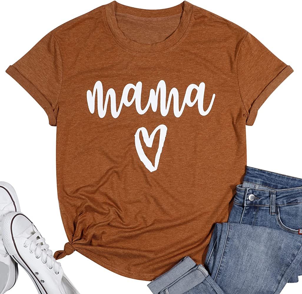 KIDDAD Mama Tshirt Womens Mama Heart Graphic Shirts Mom Letter Printed T-Shirt Funny Short Sleeve To | Amazon (US)