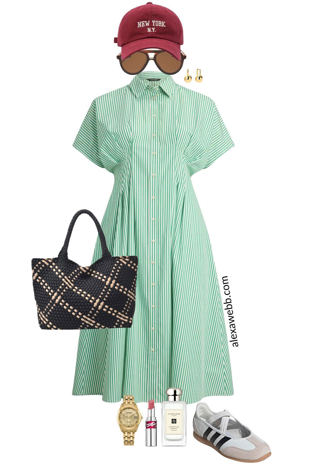 Plus Size Green Stripe Dress Outfits - A plus size green striped dress for spring styled 5 ways! A plus size green and white short-sleeved striped shirt dress for play! Add a woven tote bag, adidas Mary Jane sneakers, and a burgundy baseball cap. Alexa Webb #plussize  

 #LTKootd #LTKSeasonal #LTKPlusSize