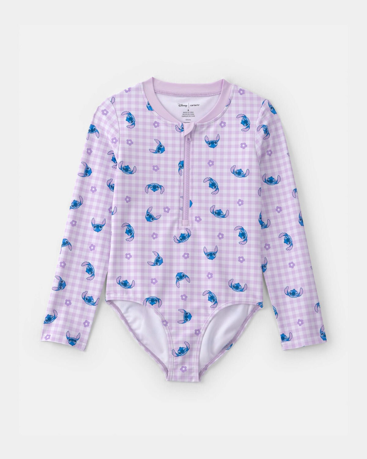 Girls Disney\u00a9 Lilo & Stitch Gingham 1-Piece Rashguard Swimsuit - Purple/Blue | Carter's Inc