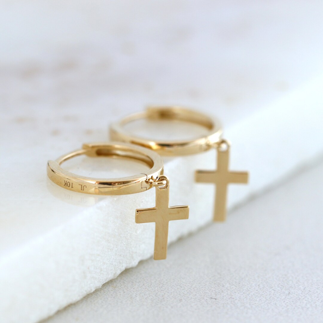 Solid Gold Cross Huggie Hoop Earrings, Dangle Cross Drop Hoops, Dainty Minimalist Cross Earrings ... | Etsy (US)