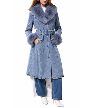Azalea Wang Kaya Denim Faux Fur Collared Trench Coat - M | Dillard's