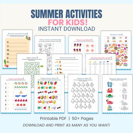 ***SALE ALERT!!!!!*** Currently 20% off with code SUMMER 

Over 50+ fun and interactive Summer Activity pages for kids! 

Keep the kids busy for hours with these printable pages that include games, learning activities, coloring pages and more!! 

A great way to keep kids busy indoors during those hot summer days or busy during a Summer road trip!! 


#LTKSaleAlert #LTKSeasonal #LTKKids