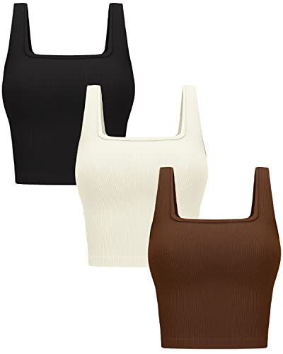 OLCHEE Womens 3 Pack Crop Tank Tops Basic Seamless Ribbed Sleeveless Square Neck Workout Top Summer Exercise Yoga Gym Shirts - Black Brown Beige Large | Amazon (US)