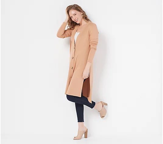 All Worthy Hunter McGrady Button Front Knee Length Knit Cardigan | QVC
