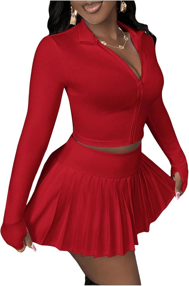 SOLY HUX Women's Skirt Sets 2 Piece Outfits Long Sleeve Crop Top with Pleated Mini Skirt Set Part... | Amazon (US)