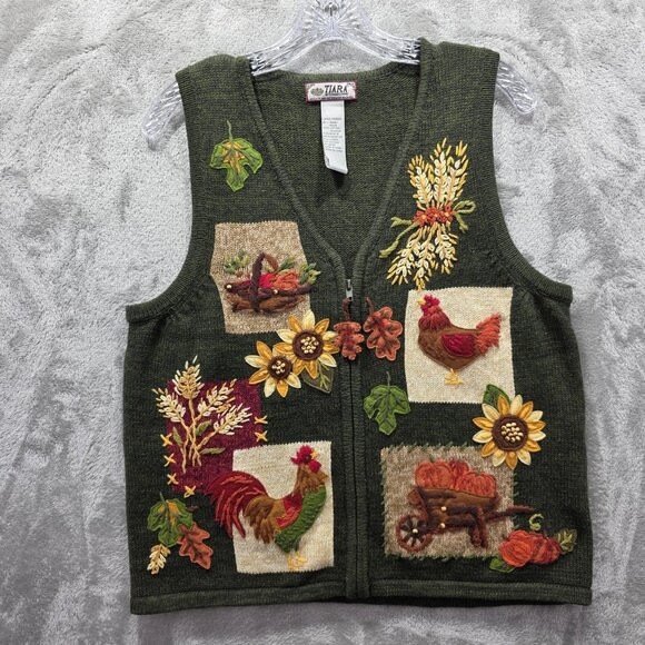 Tiara International Sweater Vest Womens Large Green Embroidered Rooster Pumpkin | Poshmark