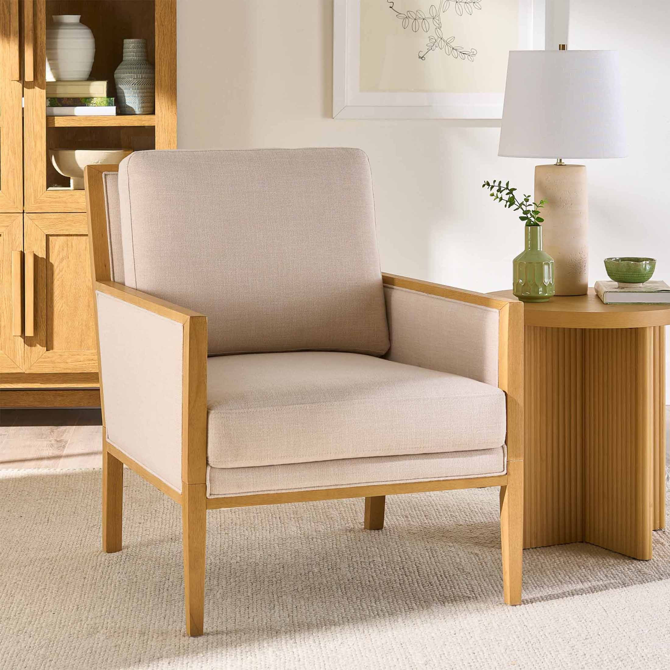 Better Homes & Gardens Windsor Linen Accent Chair, Light Honey Wood - Walmart.com | Walmart (US)