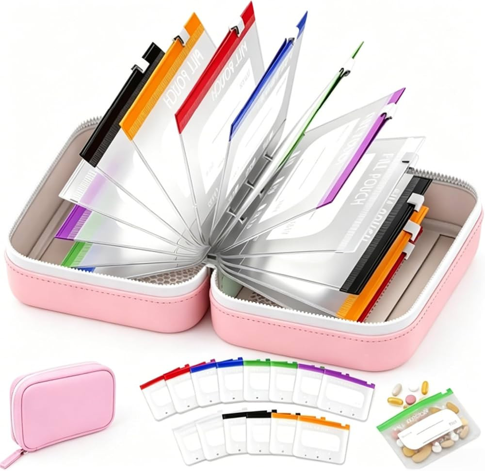 Waterproof Pill Organizer with 14 PCS Zippered Pill Pouches, Color-Coded Reusable Pill Pouches fo... | Amazon (US)