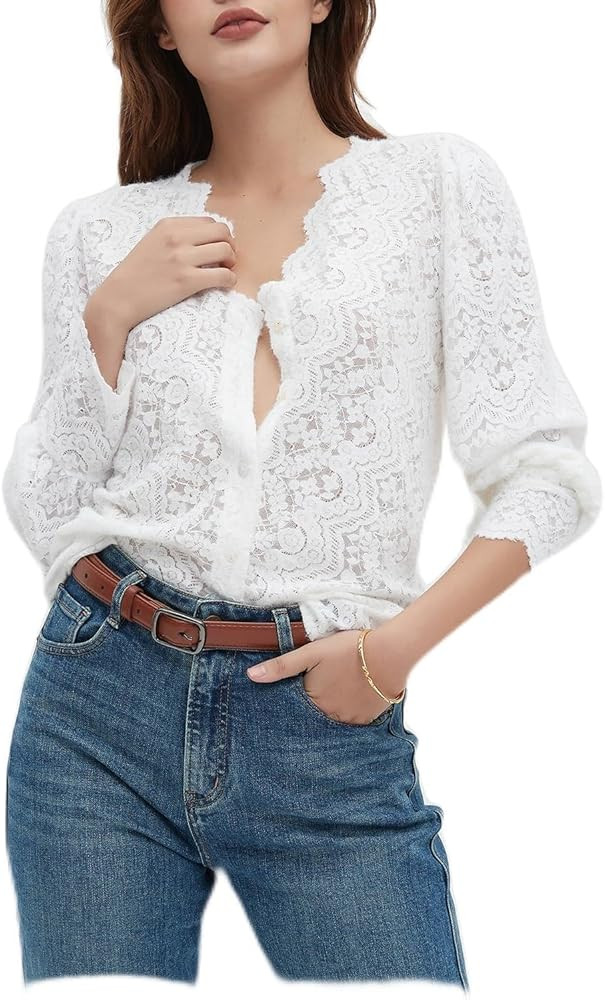 Dressy Lace Tops for Women Blouses for Women Casual V Neck Button Down Shirts for Women Black | Amazon (US)