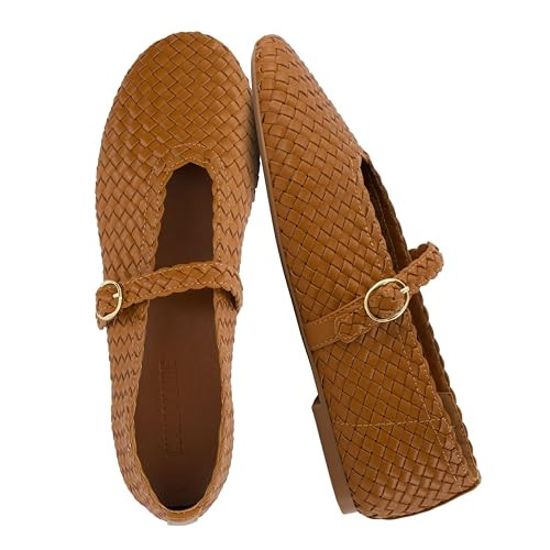CUSHIONAIRE Bistro Mary Jane Flats for Women, Woven Ballet Flats Shoes with Strap and Memory Foam for All-Day Comfort, Cognac 9.5 | Amazon (US)