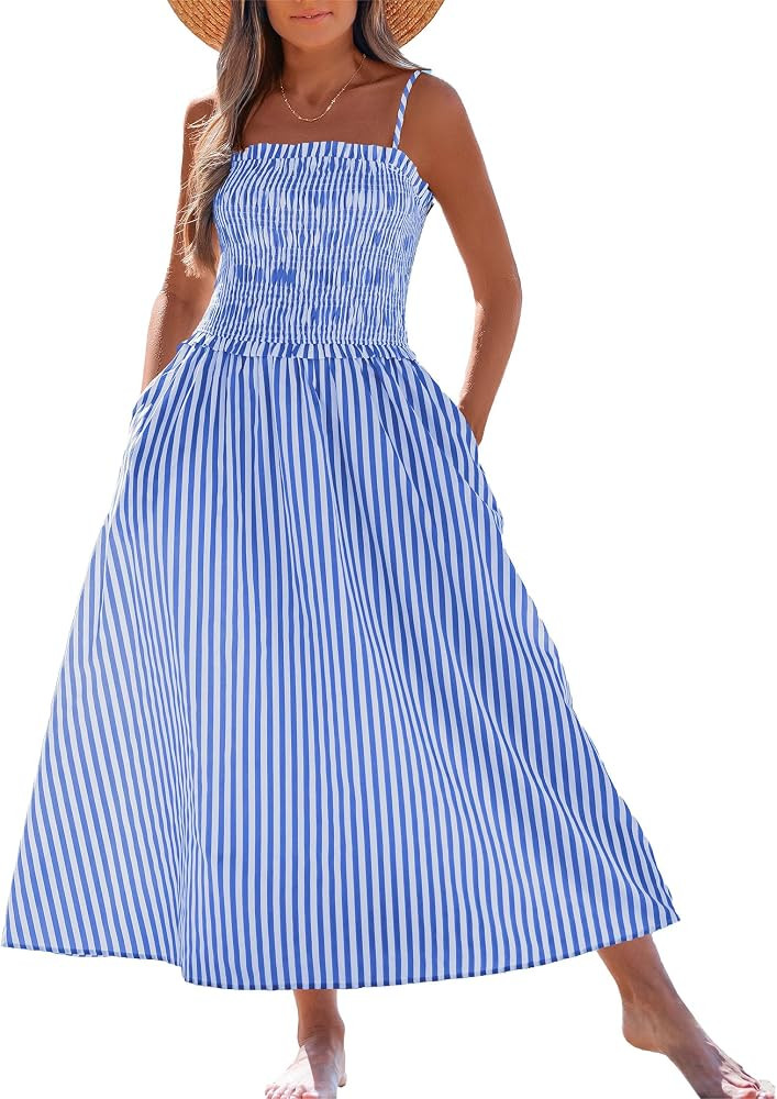 Women Spaghetti Strap Dress Flowy Summer Boho Maxi Dress Sleeveless Beach Vacation Long Dresses S... | Amazon (US)