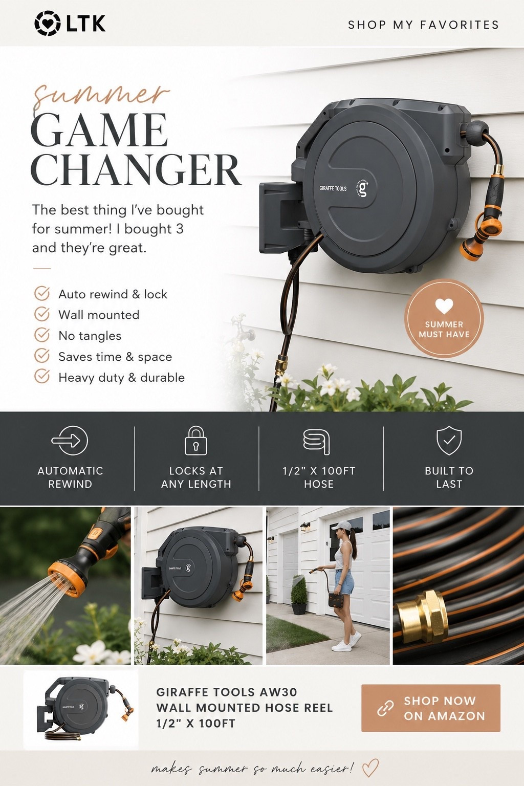 Summer Game Changer

One of the best purchases I’ve made for summer. We installed 3 of these retractable hose reels and they’ve been amazing. No more tangled hoses laying around the yard and the auto rewind feature makes watering so much easier. They look sleek, save space, and honestly make outdoor projects feel less like a chore.

#LTKSeasonal #LTKHome