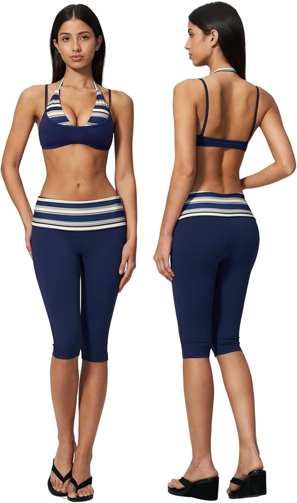 QBGJTD Womens Workout Set Two Piece Polka Dot Halter Sports Bra Matching High Waist Capri Pants G... | Amazon (US)