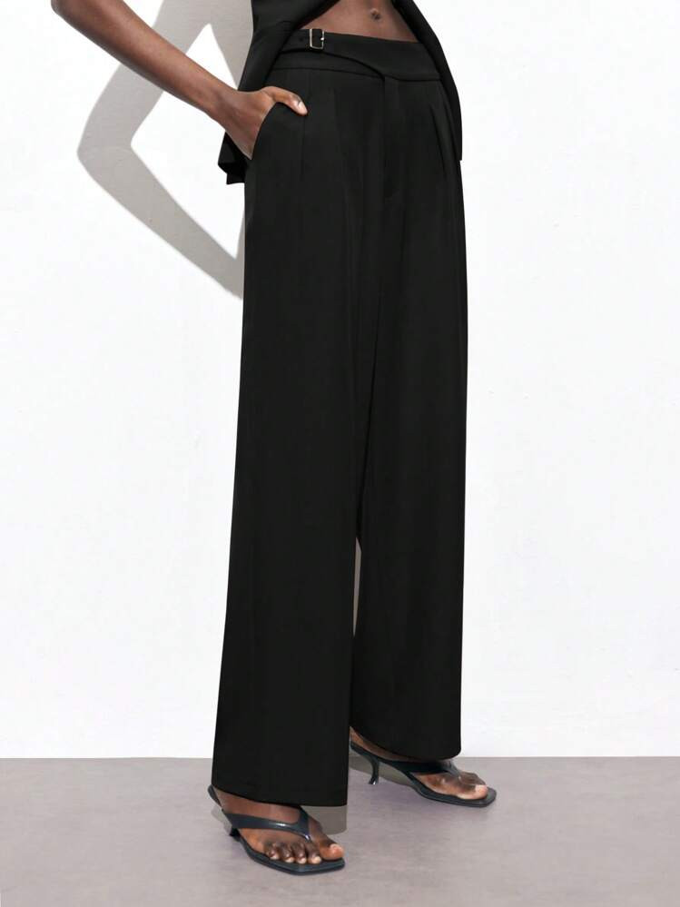 Maija 2025 Autumn/Winter New Black Waist Metal Buckle Adjustable Design Side Pockets Wrinkle-Resistant Women's Suit Pants, Fashionable, Elegant, Urban Romantic, Western Punk, Y2K, Country Music Style, Korean Airport Travel, Street, Wedding Guest, Birthday, Halloween, Business Casual, Office, Date, Party, Returning To School | SHEIN