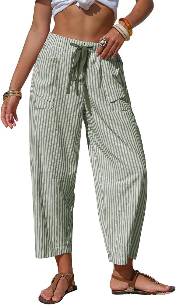 EXLURA Womens Faux Linen Striped Barrel Capri Pants Drawstring Trousers | Amazon (US)