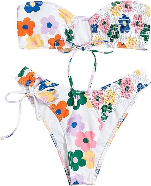 SheIn Women's 2 Piece Strapless Bandeau Bikini Set Swimwear Tie Side Thong Swimsuit | Amazon (US)