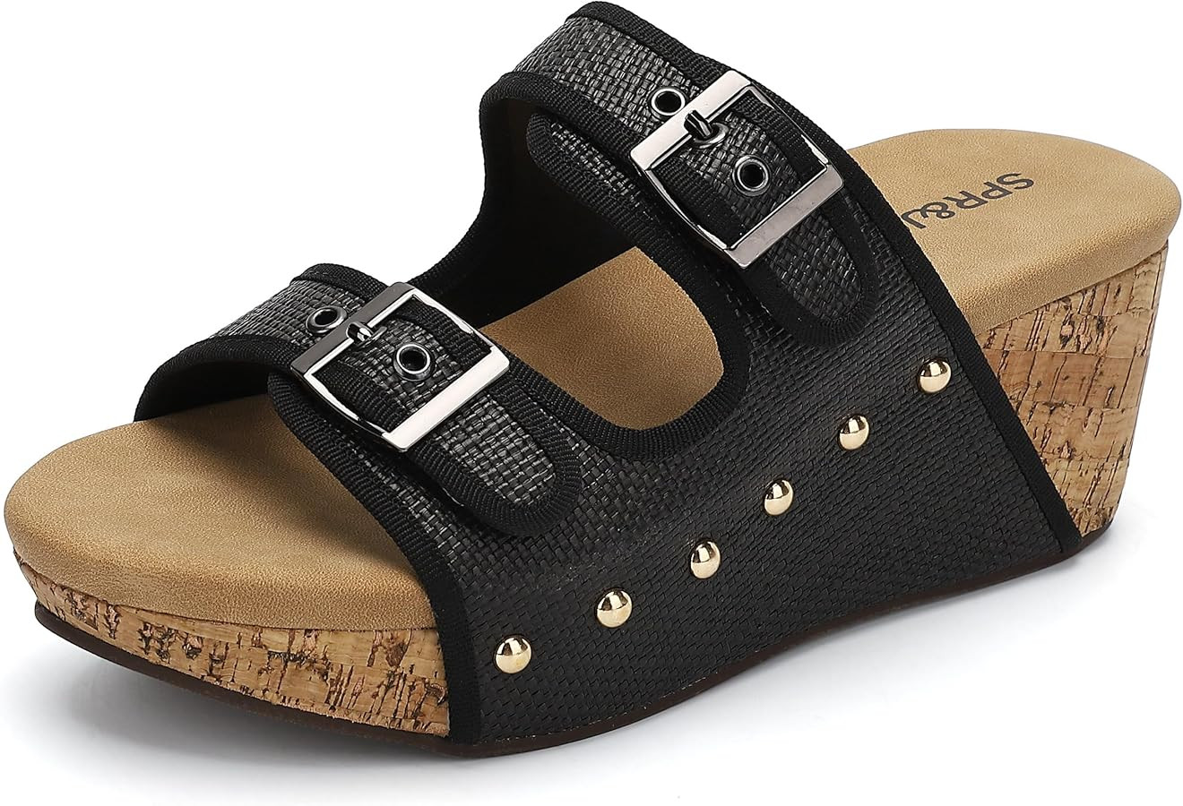 SPR&JOY Womens Buckle Wedge Sandals Open Toe Slip on Slide Platform Shoes | Amazon (US)