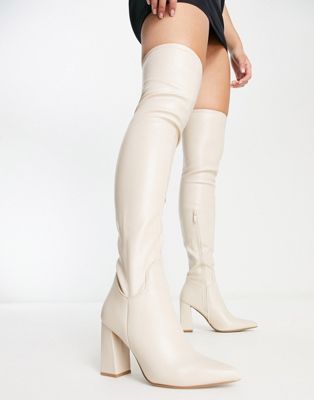 Truffle Collection thigh high heeled boots in cream faux leather | ASOS (Global)