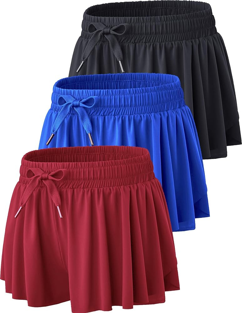 3 Pack Womens Flowy Running Shorts, 2-in-1 Butterfly Skirts with Shorts Underneath Spandex Athlet... | Amazon (US)