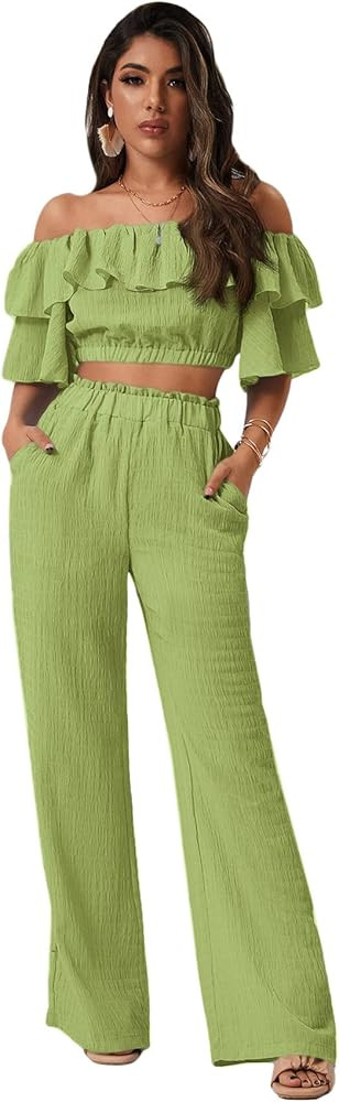 Romwe Women's 2 Piece Outfit Off The Shoulder Crop Top Wide Leg Pants Set | Amazon (US)